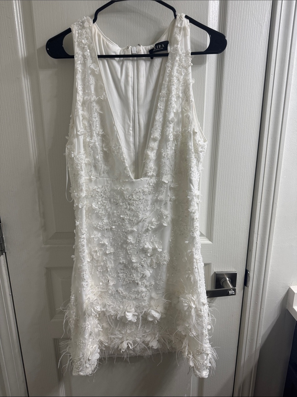 White Floral Appliqué V-Neck Mini Dress